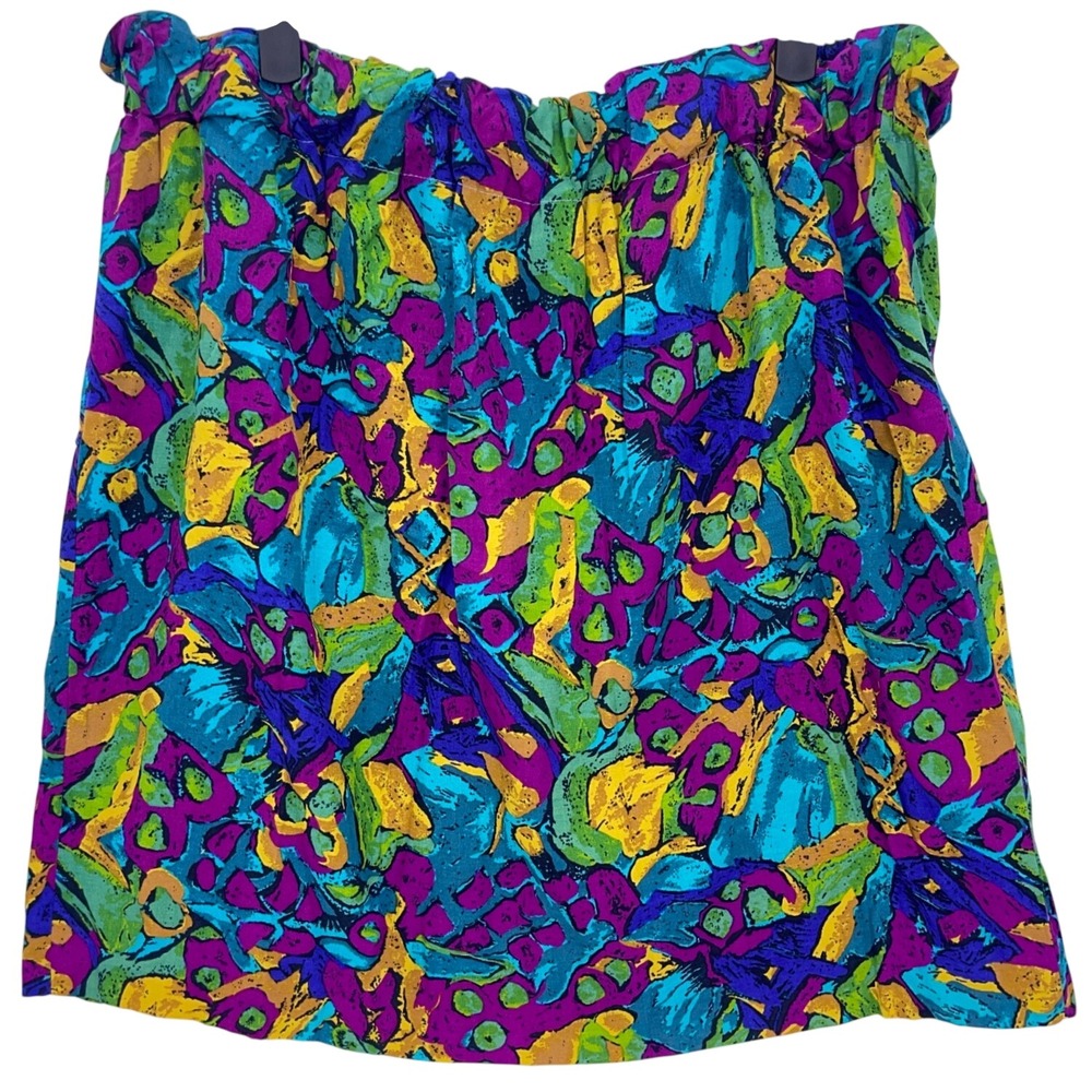 Handmade Multicolor Abstract Print Mini Skirt Large Elastic Paperbag Waist Retro